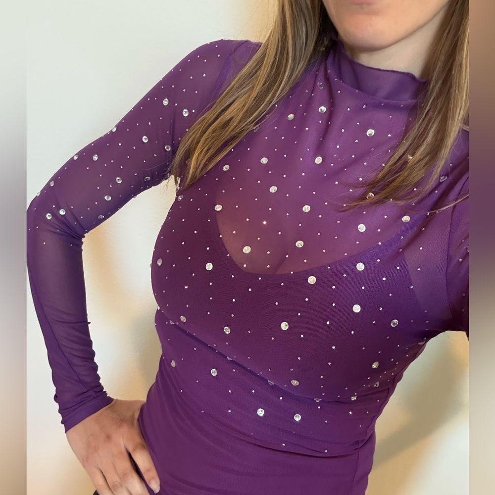 bebe Purple Long Sleeve Top with Silver Dots